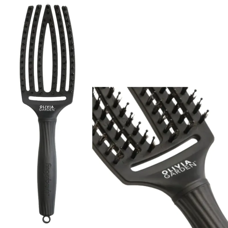 Olivia Garden Fingerbrush Care Iconic Boar&Nylon Full Black M, Szczotka do Rozczesywania Włosów i Masażu, Włosie Dzika