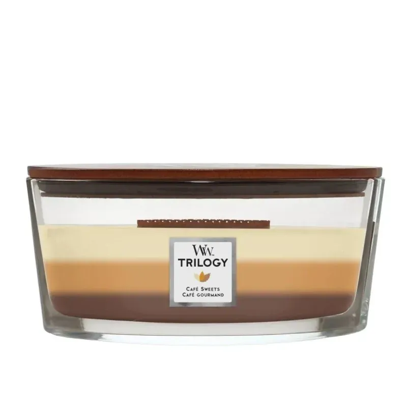 WoodWick Trilogy Cafe Sweets Świeca Zapachowa Ozdobna z Drewnianym Knotem 453,5g