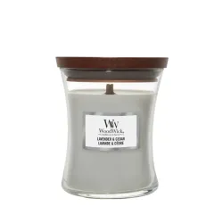 WoodWick Lavender & Cedar Średnia Świeca Ozdobna z Drewnianym Knotem 275g