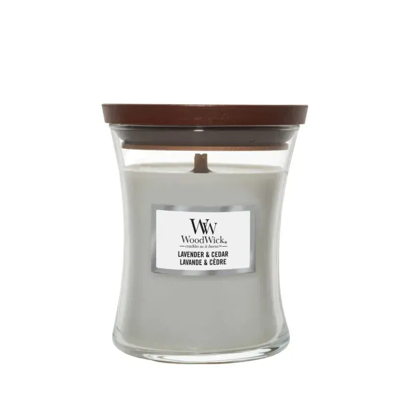 WoodWick Lavender & Cedar Średnia Świeca Ozdobna z Drewnianym Knotem 275g