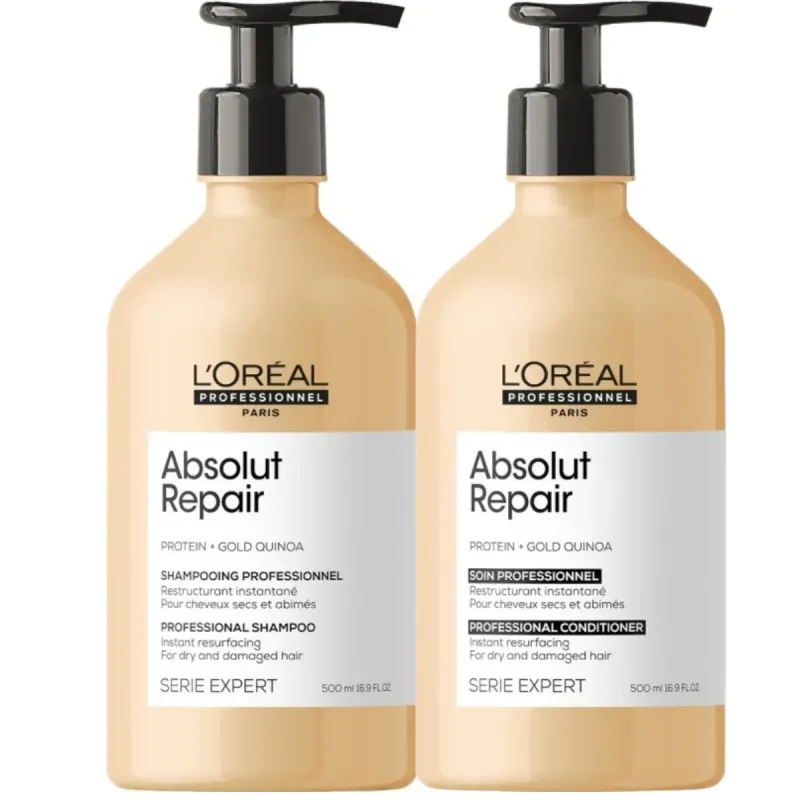 L’Oréal Absolut Repair Gold odbudowujący zestaw do włosów zniszczonych | szampon 500ml, odżywka 500ml