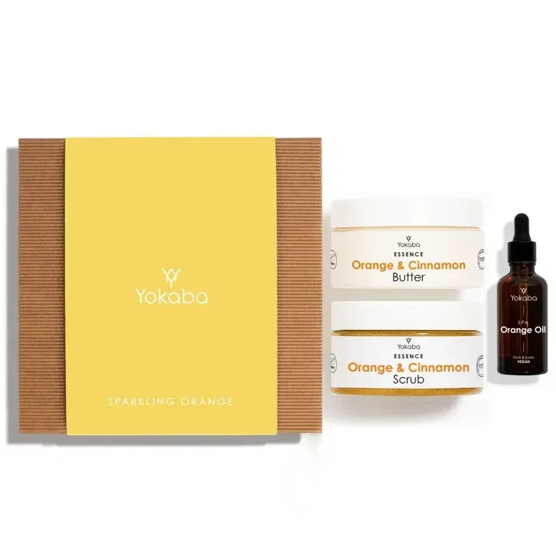 YOKABA  Sparkling orange Zestaw prezentowy: Orange oil 50ml, Orange & Cinnamon Butter 200ml, Orange & Cinnamon Scrub 250g