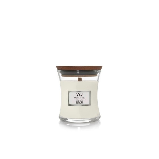 Woodwick - White Teak- mała świeca zapachowa z drewnianym knotem 85g