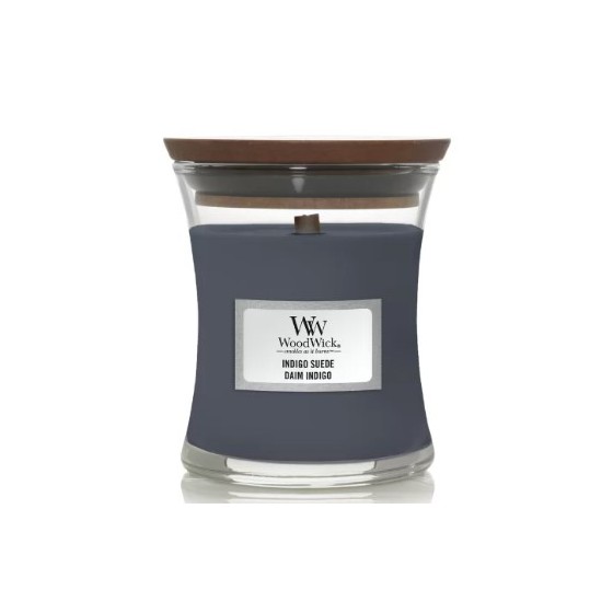 WoodWick - średnia świeca zapachowa z drewnianym knotem - Indigo Suede