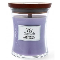 Woodwick Lavender Spa średnia świeca zapachowa z drewnianym knotem